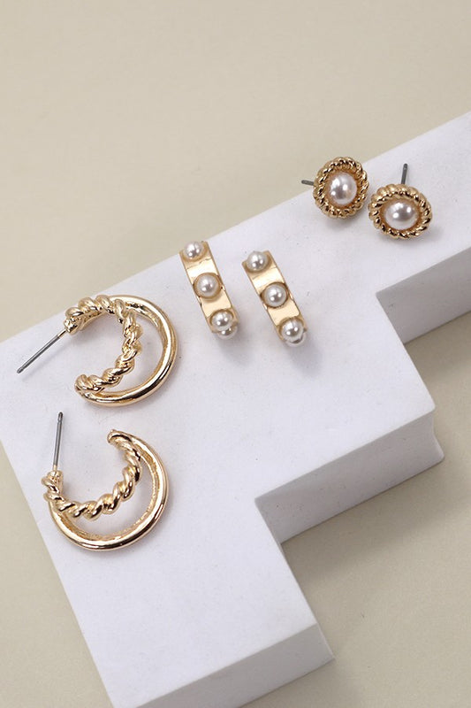 Gold Pearl Hoop Stud Trio Earring