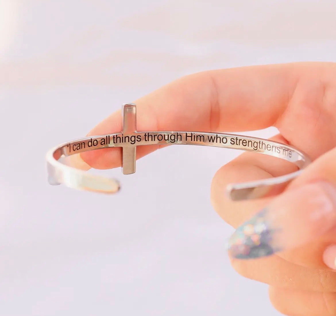 Stainless Steel Cross Cuff Bracelet with Christian Scripture Philippians 4:13