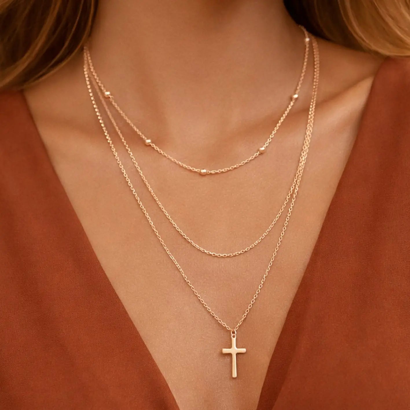 18K Gold Plated Waterproof Layered Cross Necklace