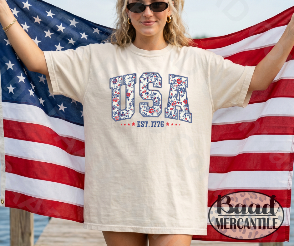 Floral Faux Embroidered USA T-shirt