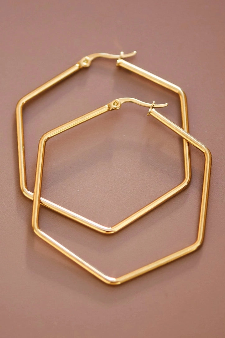 18K Gold Plated Waterproof Hexagon Hoops