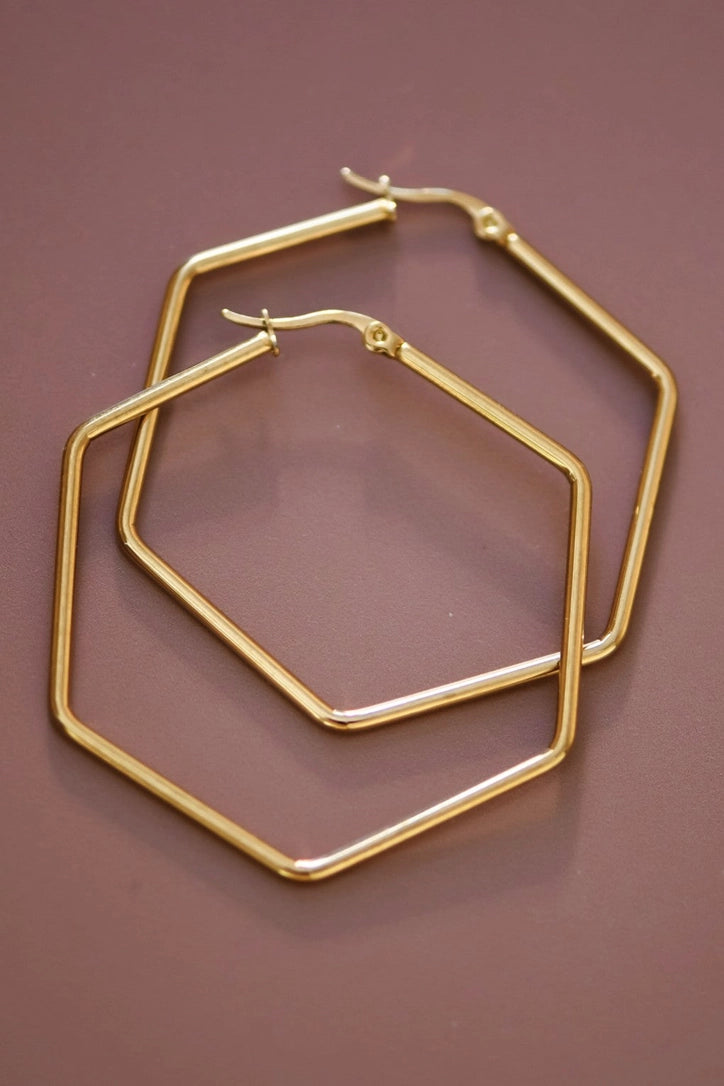 18K Gold Plated Waterproof Hexagon Hoops