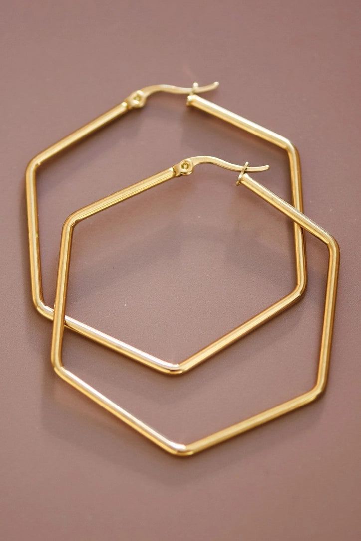 18K Gold Plated Waterproof Hexagon Hoops