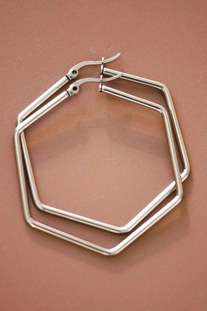 18K Gold Plated Waterproof Silver Hexagon Hoops
