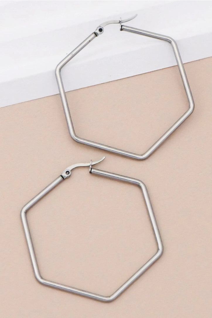 18K Gold Plated Waterproof Silver Hexagon Hoops