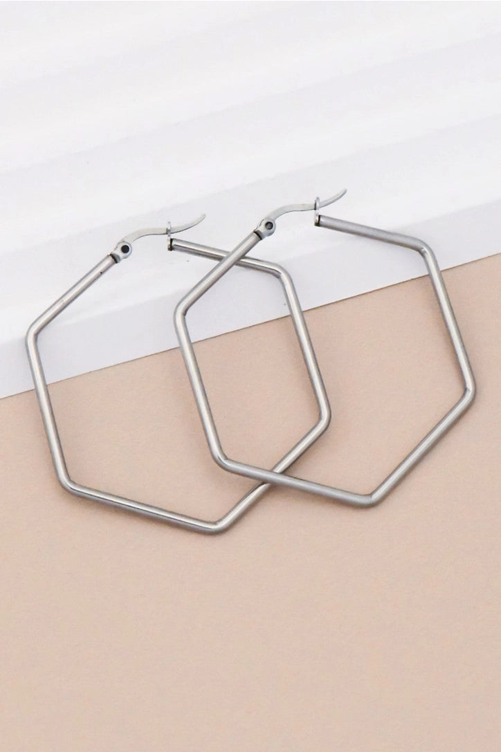 18K Gold Plated Waterproof Silver Hexagon Hoops