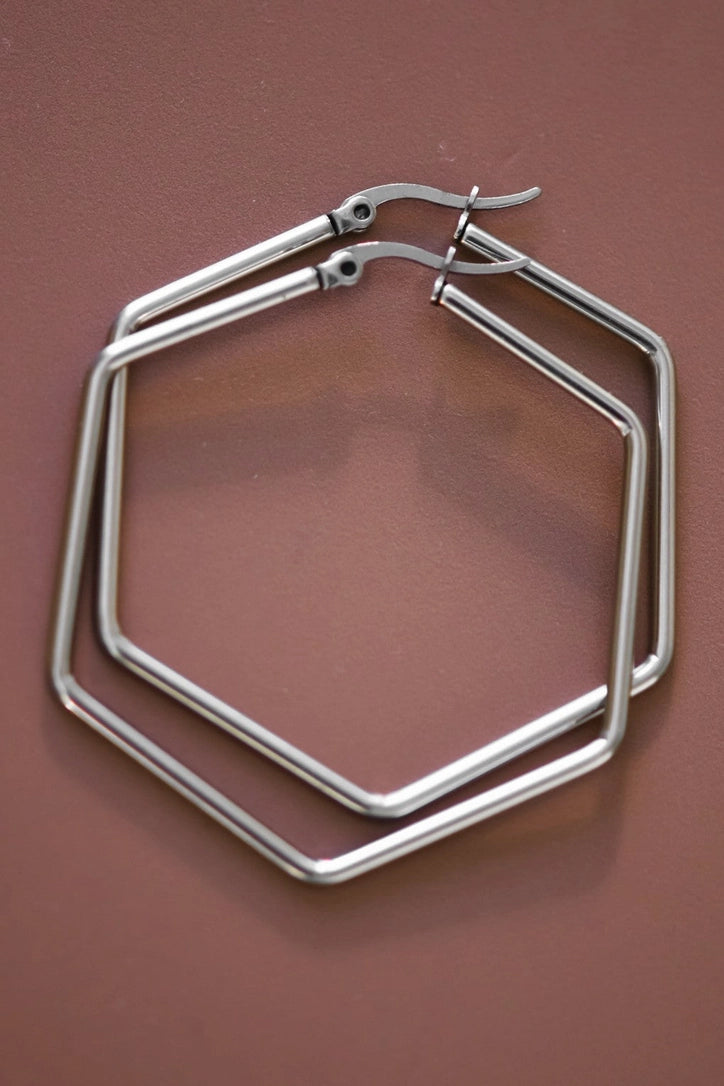 18K Gold Plated Waterproof Silver Hexagon Hoops